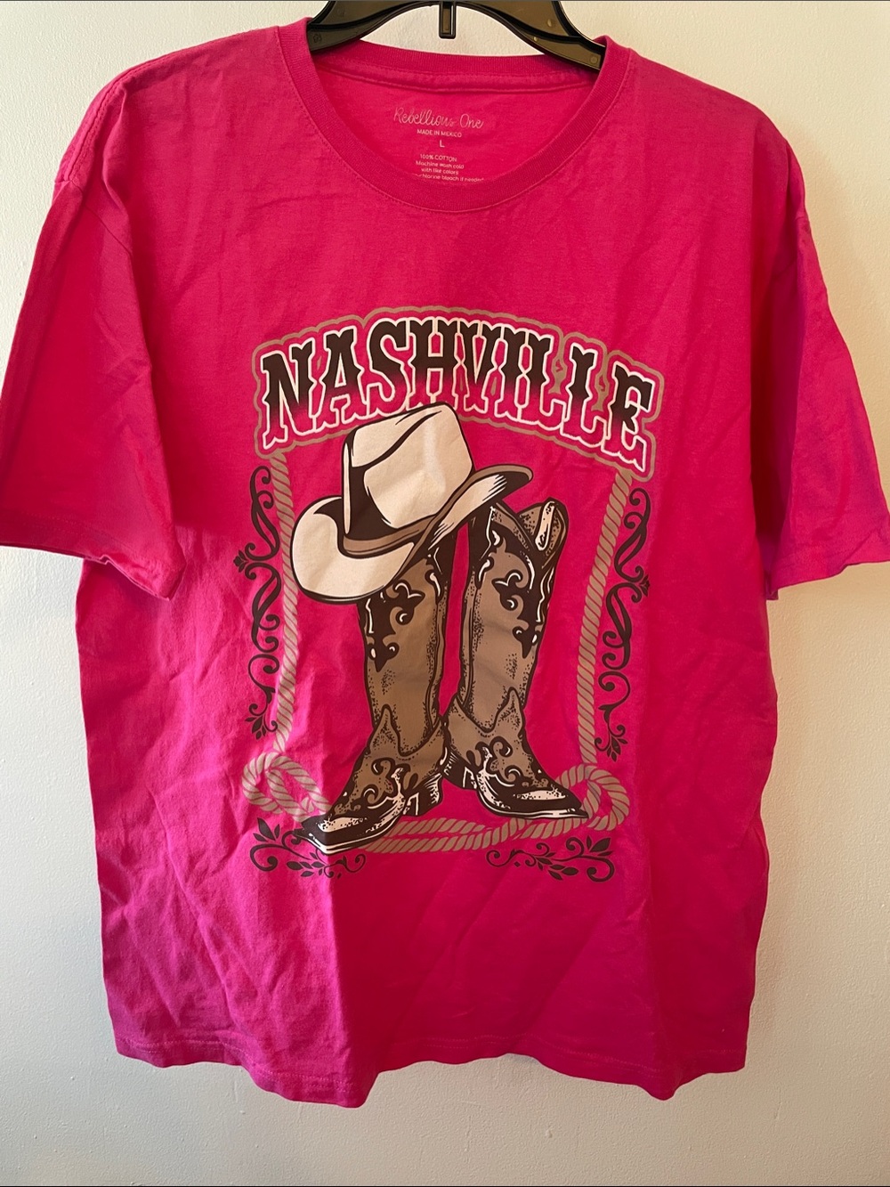 Rebellious One Hot Pink Nashville Graphic Tee with Brown Cowboy Boots